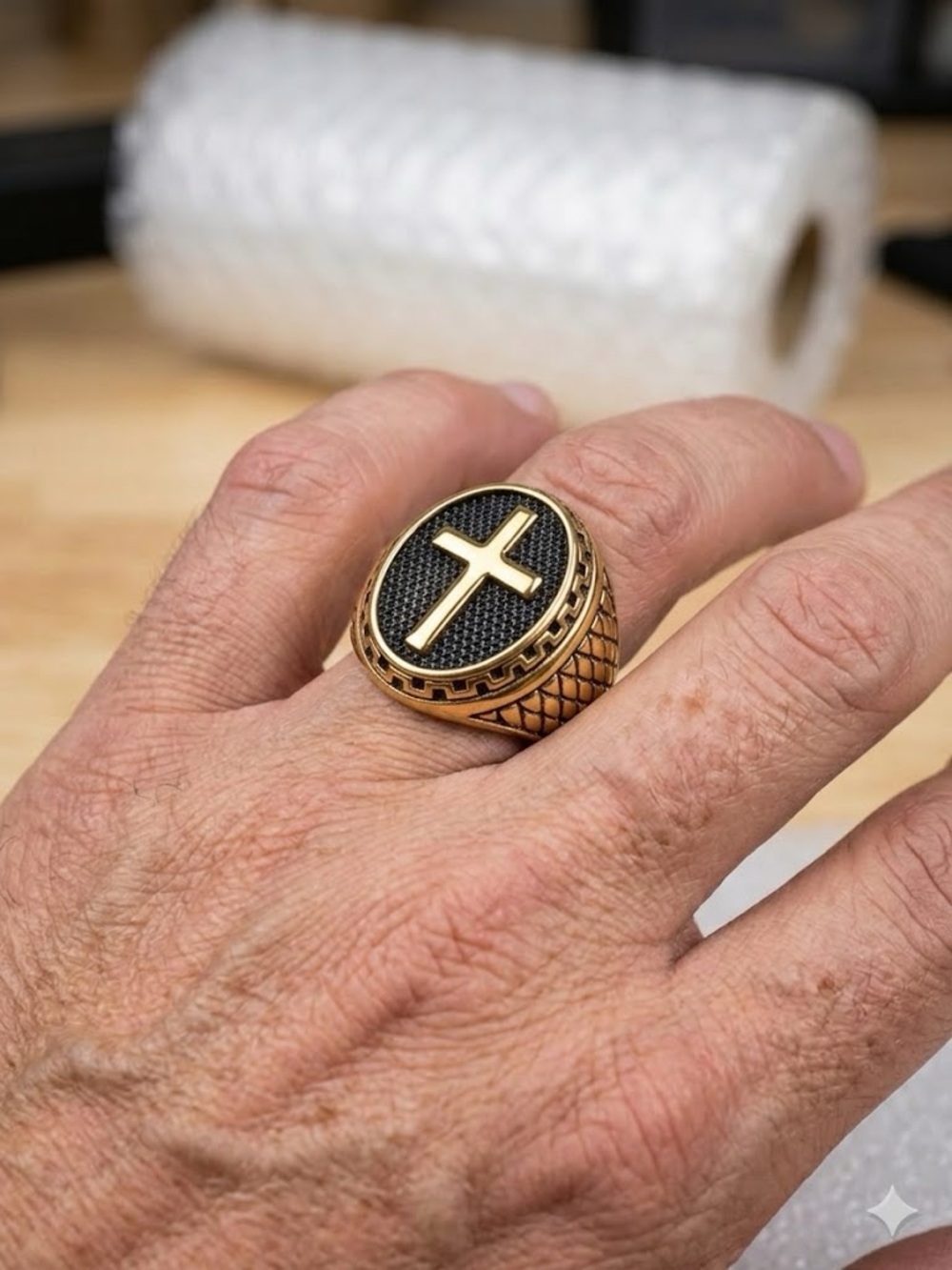 Gold Cross Signet Ring for Men - Black Inlay